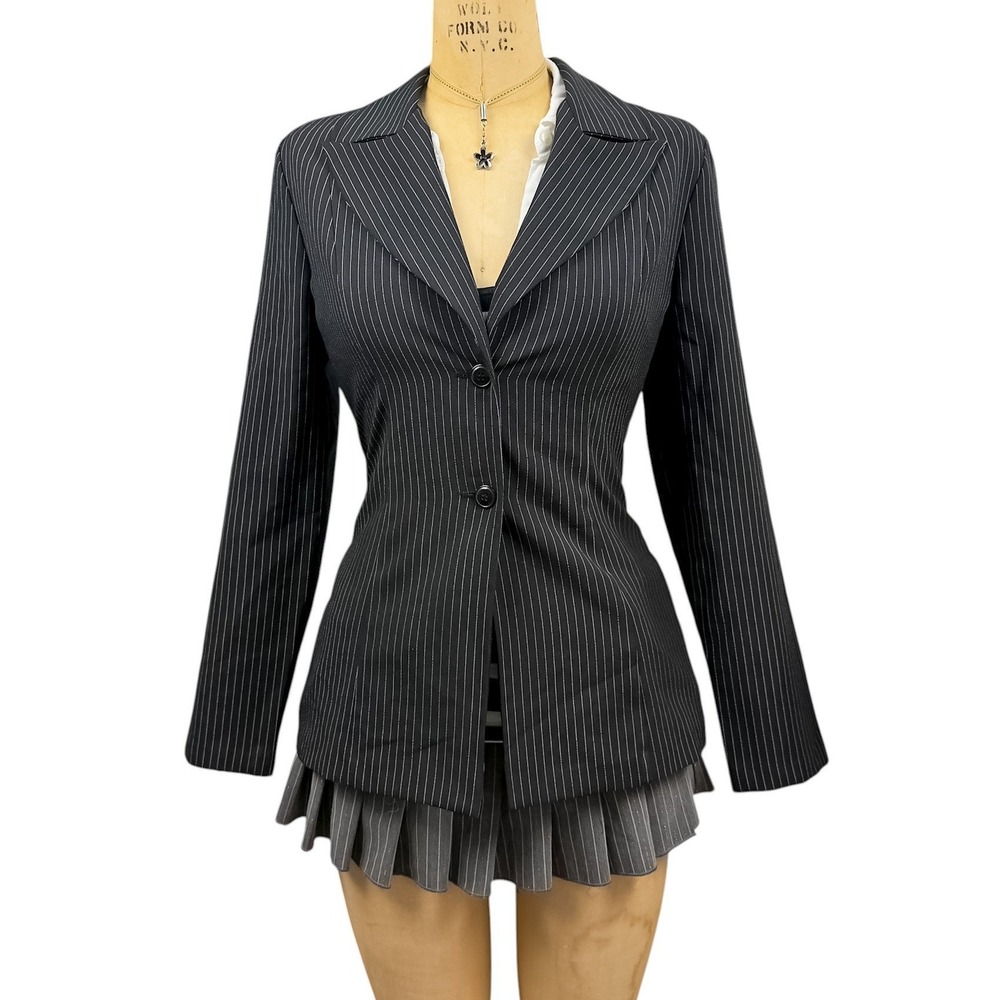 90s Dark Academia Black Pinstripe Blazer Fitted Corporate Tailored Elevated M‎